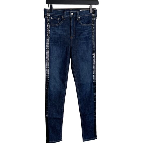 Rag & Bone High Rise Jeans Size 26 Blue Black Denim Stripe Down Side 5-Pocket - Picture 1 of 9